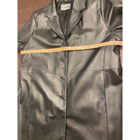 Clio II Black Leather Long Jacket Mid-Length Coat 90s Style Medium - Picture 5 of 7